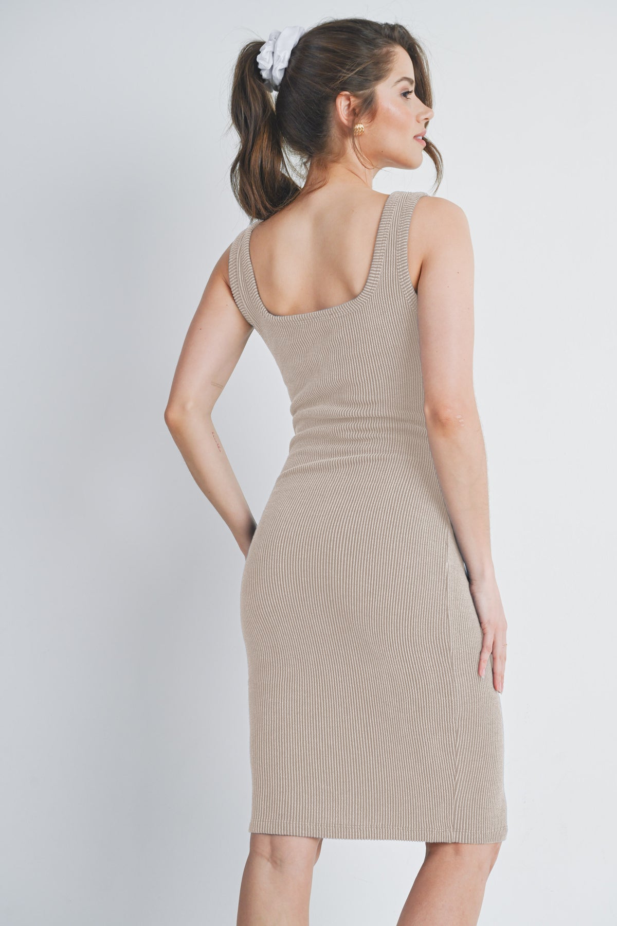 Oatmeal Ribbed Fitted Square Neck Maternity Tank Dress Back View