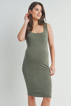 Olive Ribbed Fitted Square Neck Maternity Tank Dress Front View