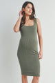 Olive Ribbed Fitted Square Neck Maternity Tank Dress Front View