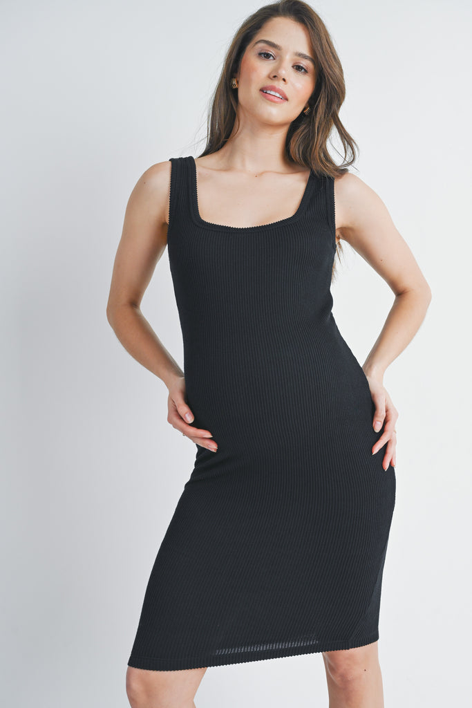 Black Ribbed Fitted Square Neck Maternity Tank Dress Front View