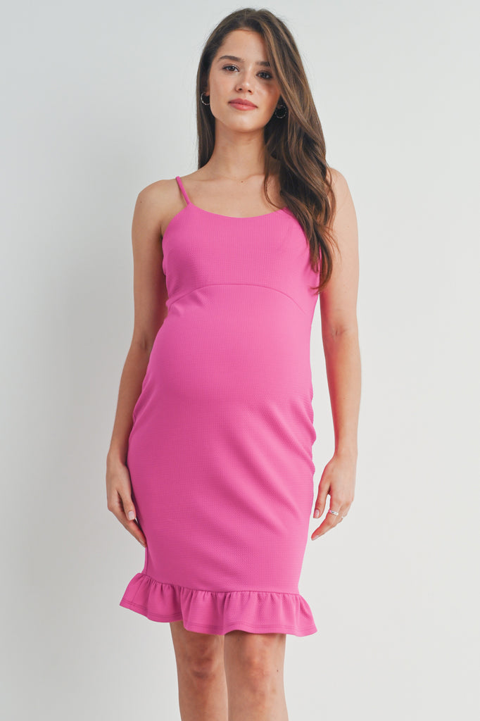 Fuchsia Spaghetti Strap Ruffle Hem Maternity Dress Front View