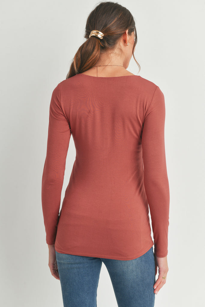 Rust Deep V Neck Rayon Modal Maternity Top Back