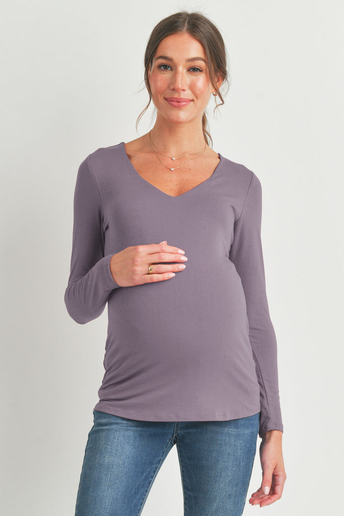 Mauve Deep V Neck Rayon Modal Maternity Top Front