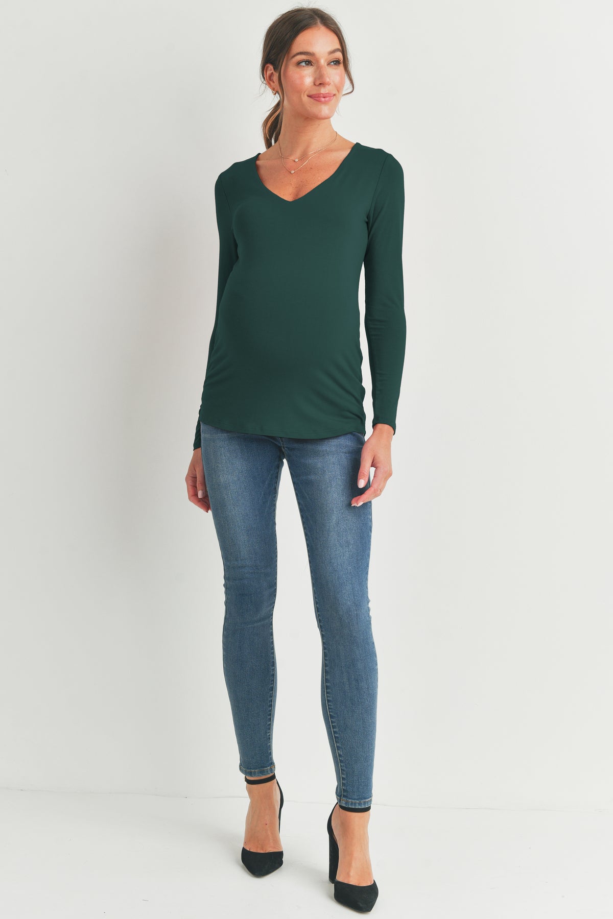 Hunter Green Deep V Neck Rayon Modal Maternity Top Full Body