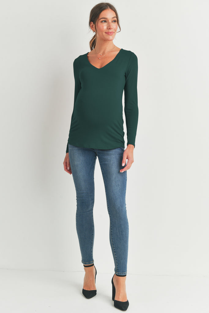 Hunter Green Deep V Neck Rayon Modal Maternity Top Full Body