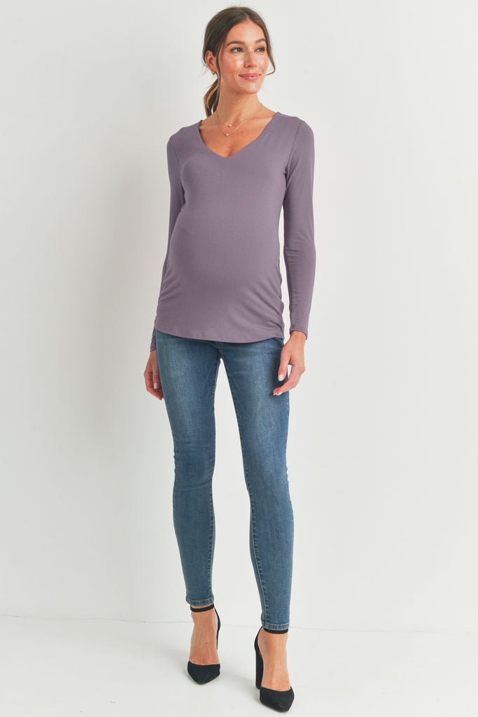 Mauve Deep V Neck Rayon Modal Maternity Top Full Body