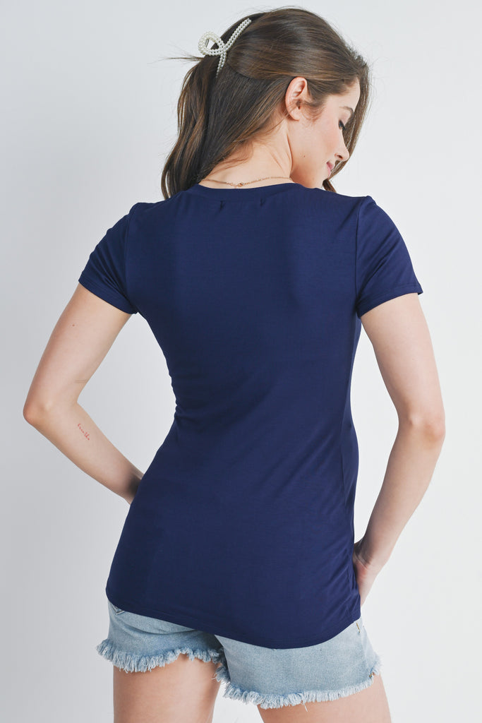 Navy Basic V Neck Short Sleeve Maternity Top Back View