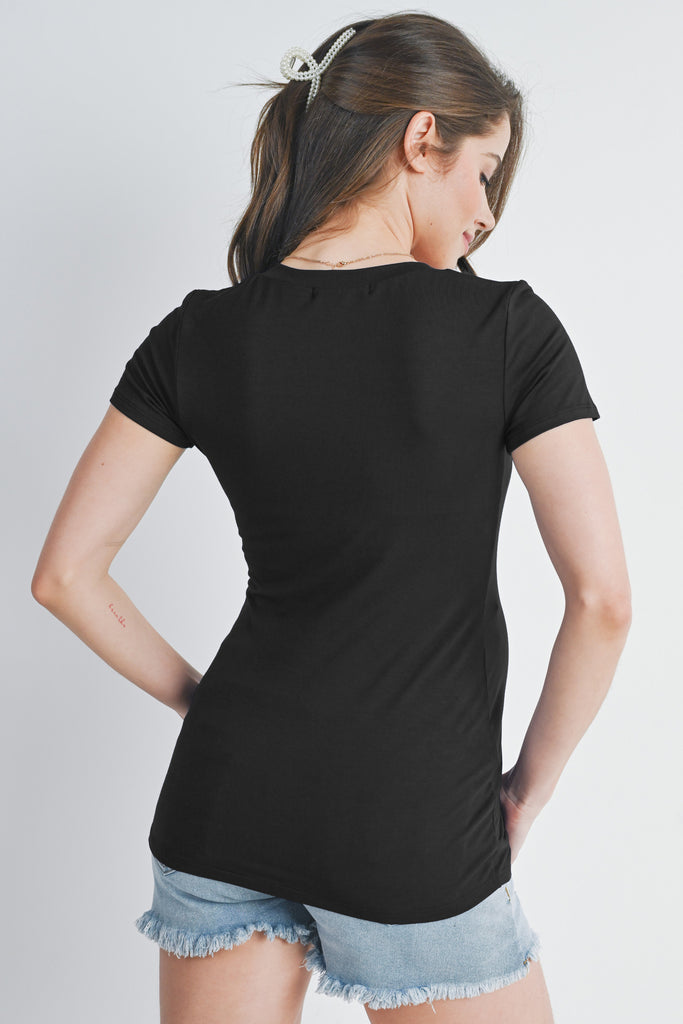 Black Basic V Neck Short Sleeve Maternity Top Back View