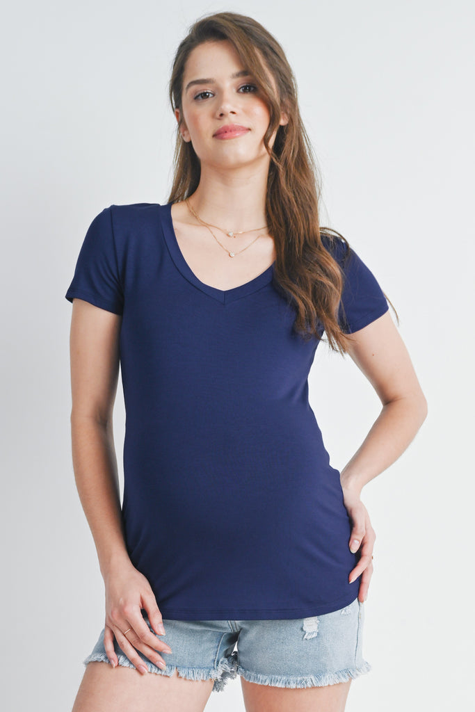 Navy Basic V Neck Short Sleeve Maternity Top Front View