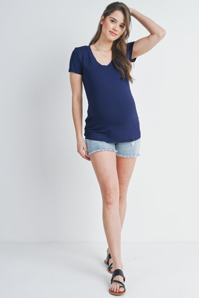 Navy Basic V Neck Short Sleeve Maternity Top Full Body