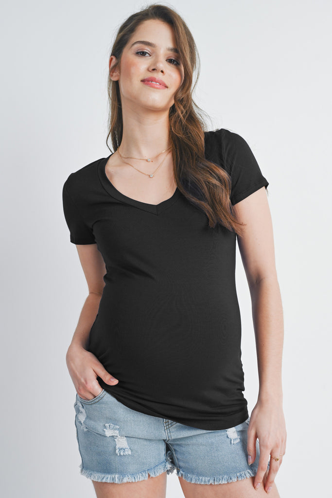 Black Basic V Neck Short Sleeve Maternity Top Front View