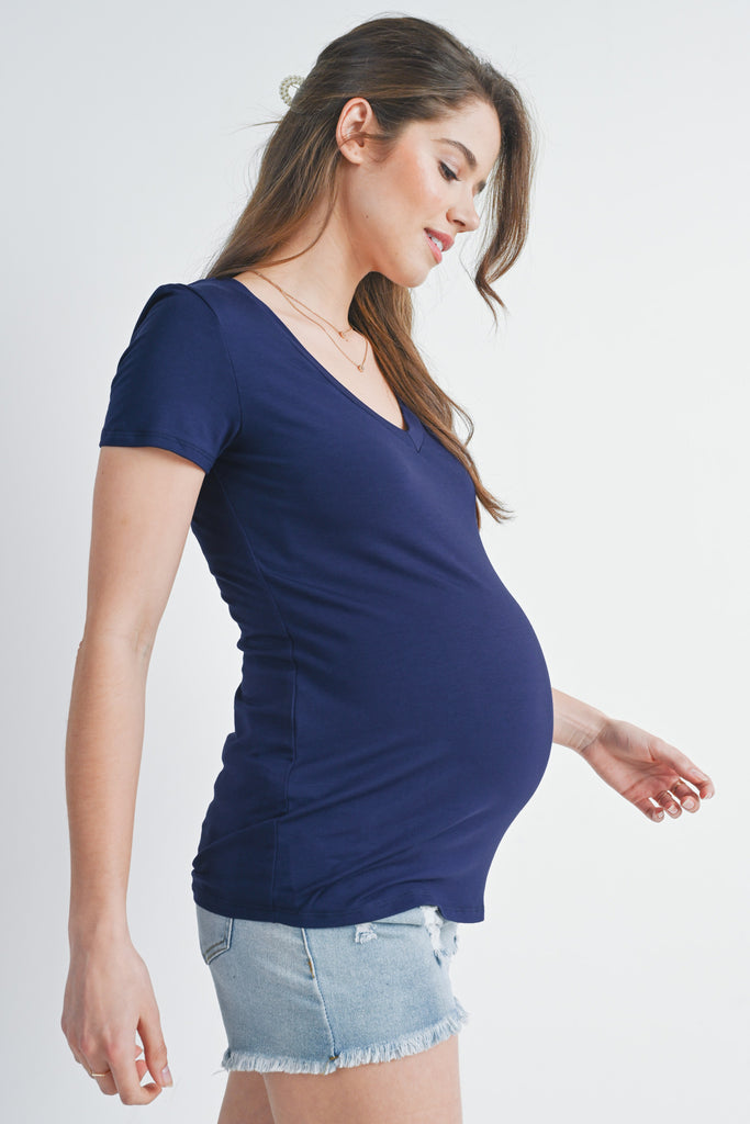 Navy Basic V Neck Short Sleeve Maternity Top Side View