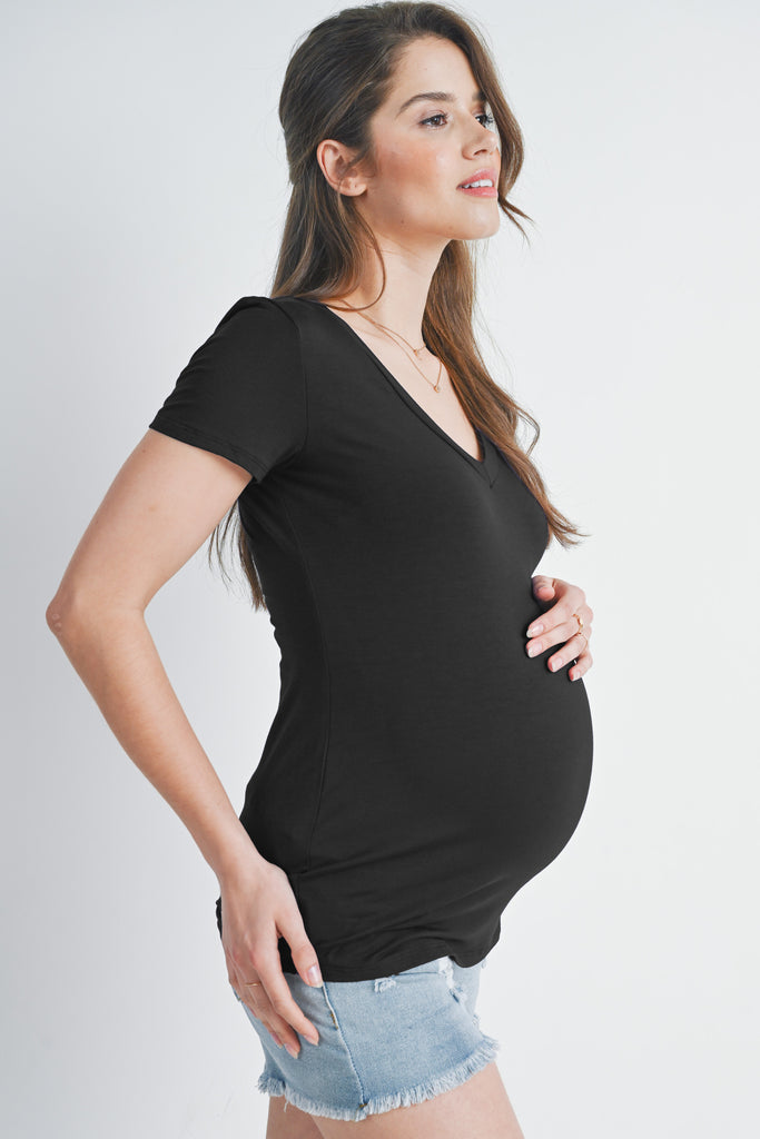 Black Basic V Neck Short Sleeve Maternity Top Side View