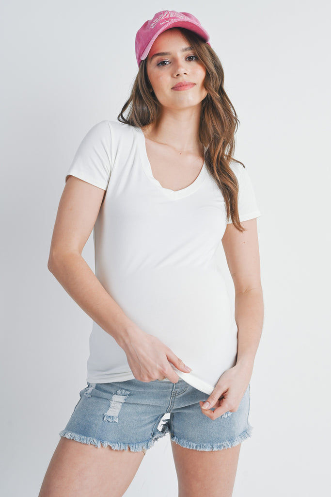 Ivory Basic V Neck Short Sleeve Maternity Top Front View