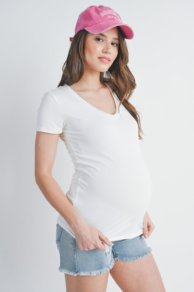 Ivory Basic V Neck Short Sleeve Maternity Top  Side View