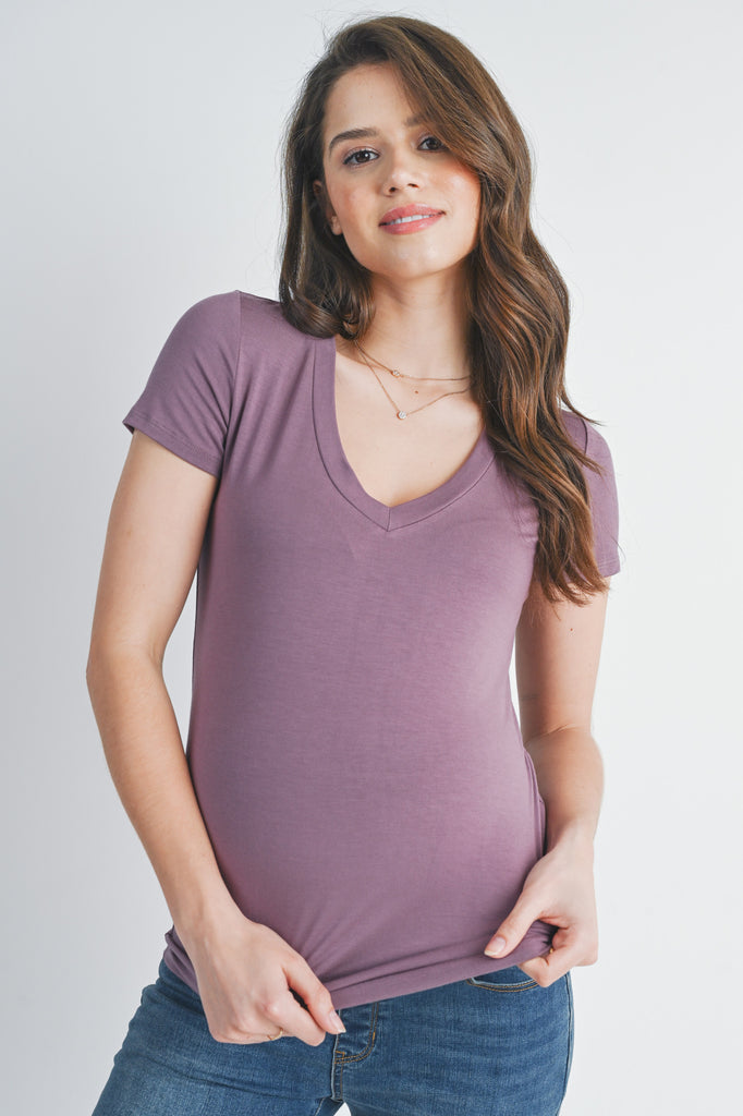 Mauve Basic V Neck Short Sleeve Maternity Top Front View