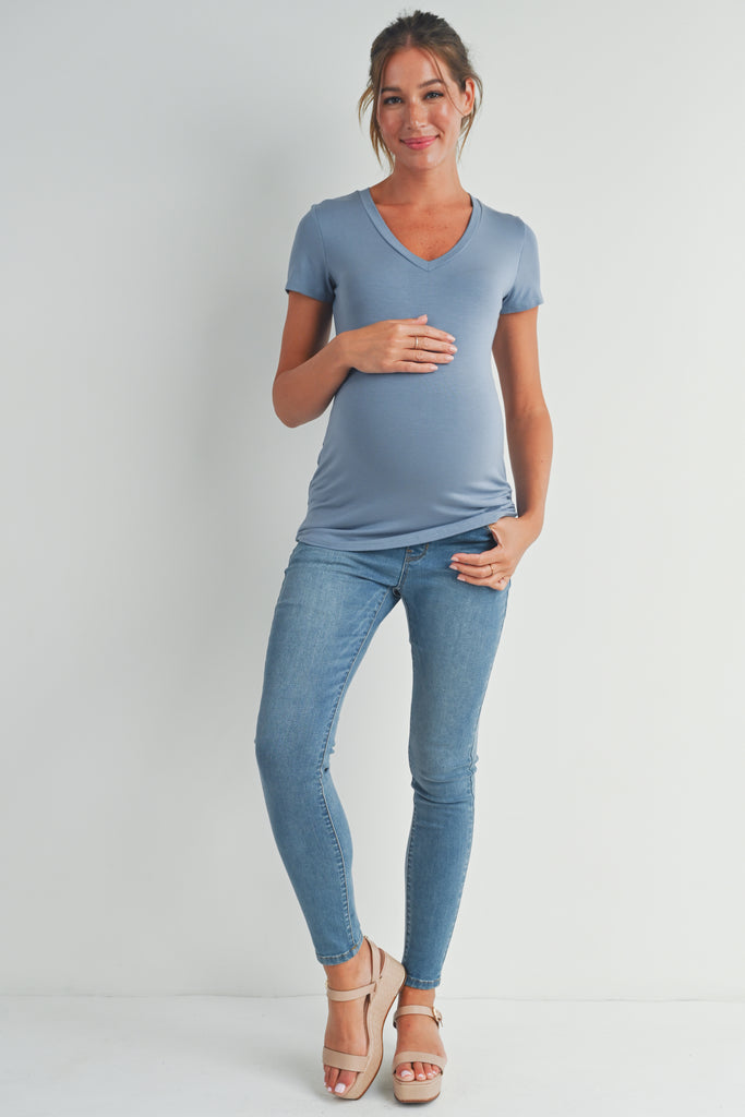Denim Basic V Neck Short Sleeve Maternity Top Full Body