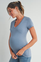 Denim Basic V Neck Short Sleeve Maternity Top Side View