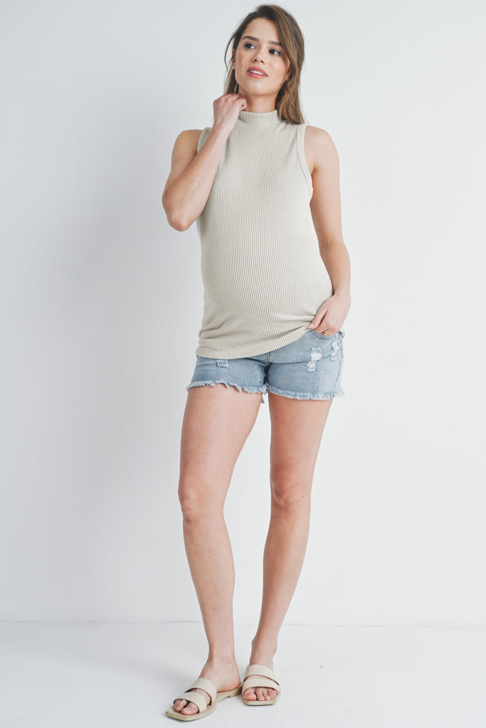 Cream Ribbed Mock Neck Maternity Tank Top Full Body