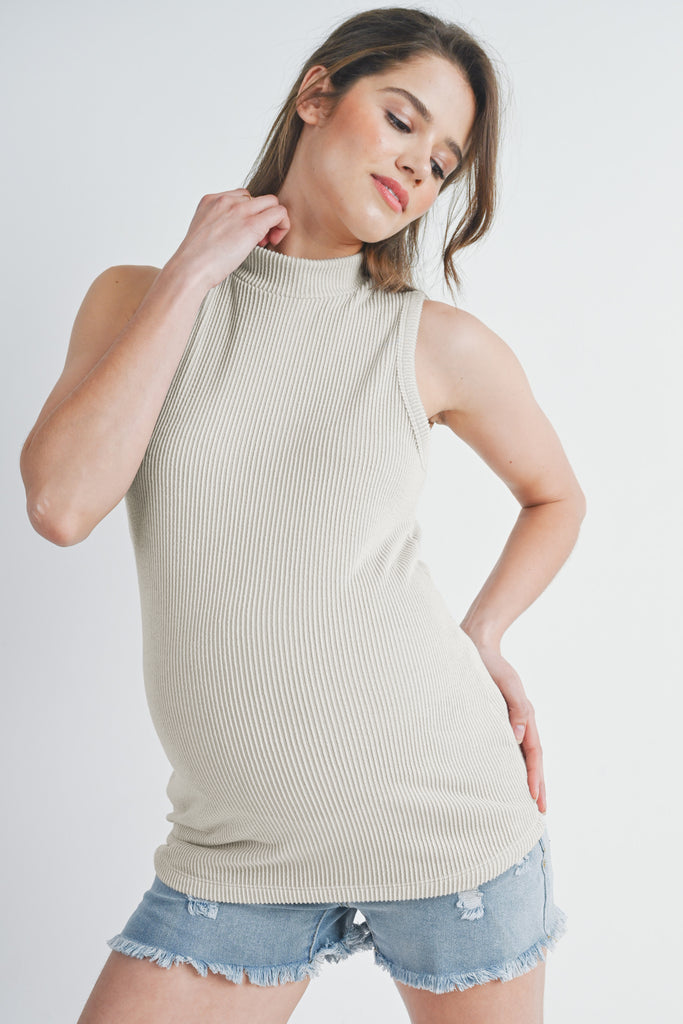 Cream Ribbed Mock Neck Maternity Tank Top Front View