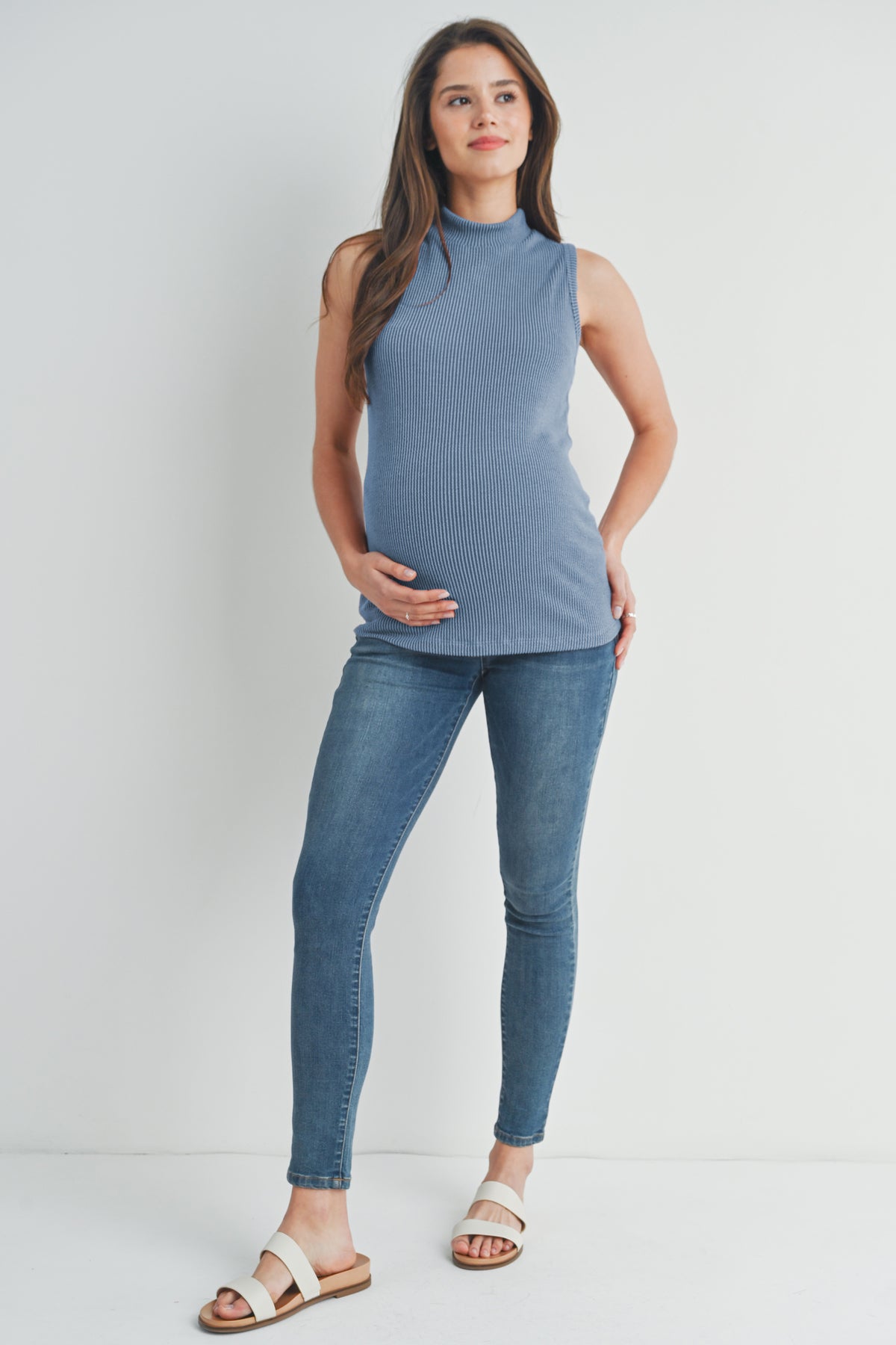 Denim Ribbed Mock Neck Maternity Tank Top Full Body View