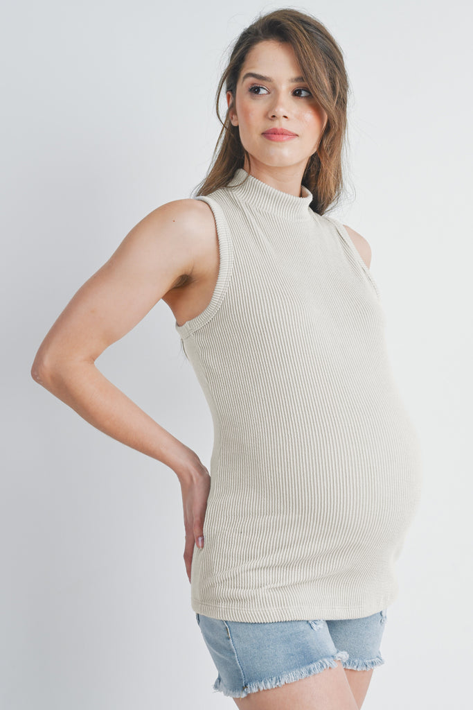 Cream Ribbed Mock Neck Maternity Tank Top Side View