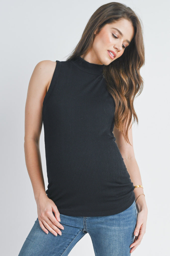Black Ribbed Mock Neck Maternity Tank Top Front View