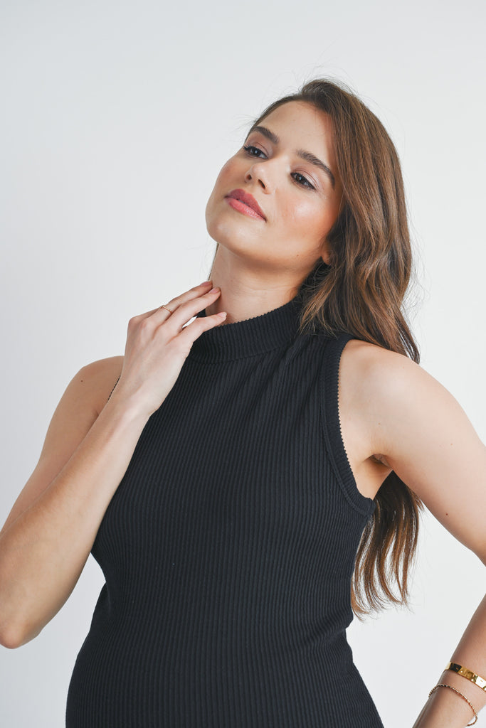 Black Ribbed Mock Neck Maternity Tank Top Detail