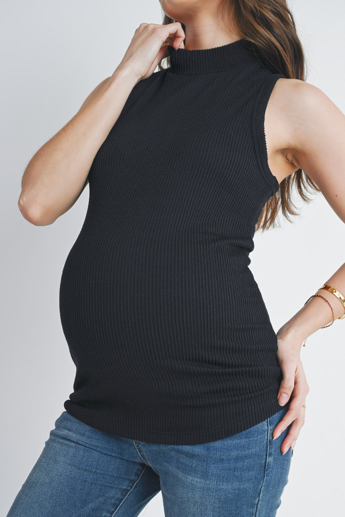 Black Ribbed Mock Neck Maternity Tank Top Close Up