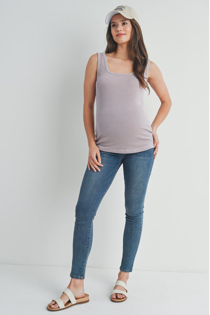 Dusty Pink Ribbed Square Neck Maternity Tank Top Full Body