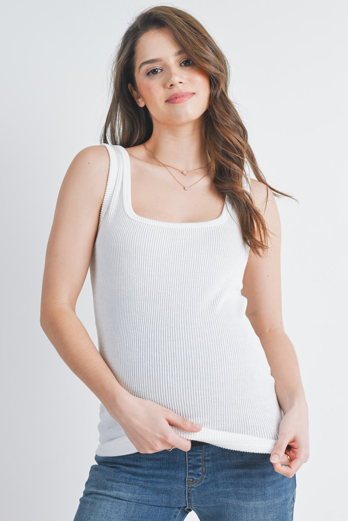 White Ribbed Square Neck Maternity Tank Top Front View