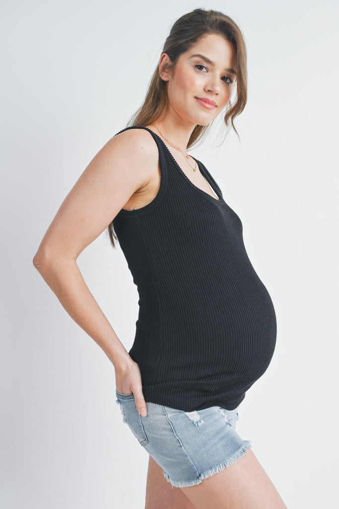 Black Ribbed Square Neck Maternity Tank Top Side View