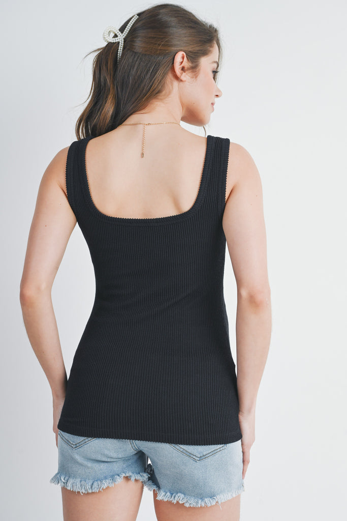 Black Ribbed Square Neck Maternity Tank Top Back View