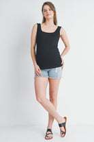 Black Ribbed Square Neck Maternity Tank Top Full Body