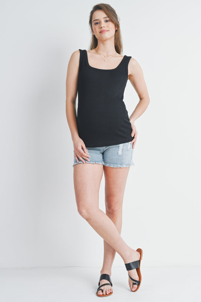 Black Ribbed Square Neck Maternity Tank Top Full Body