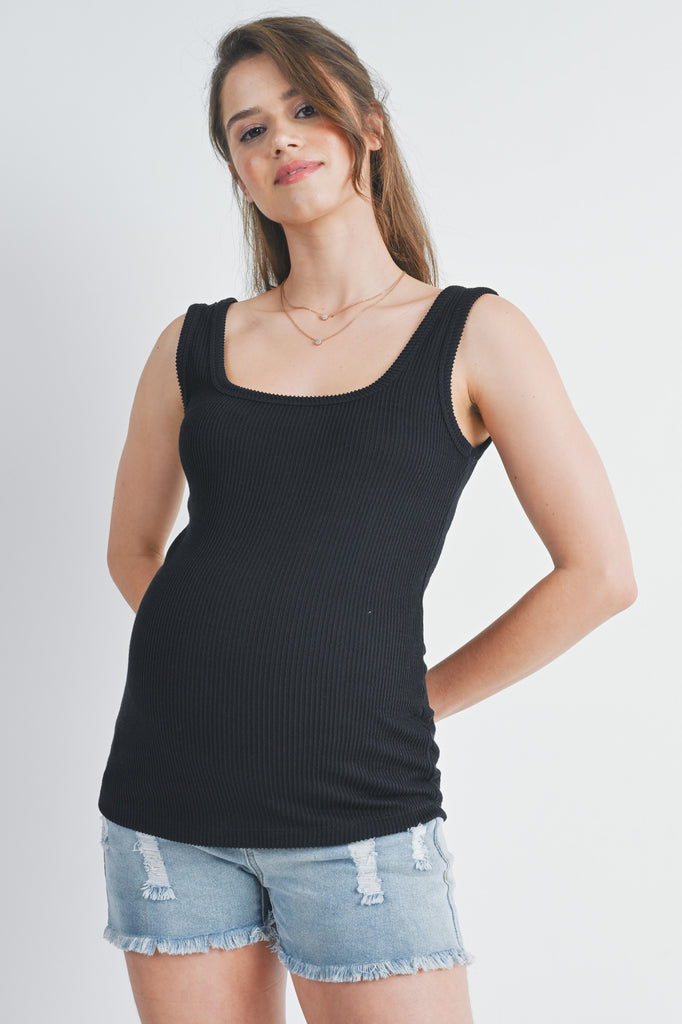 Black Ribbed Square Neck Maternity Tank Top Front View