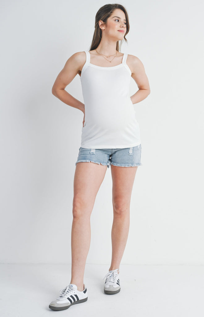 Off White Ribbed Basic Maternity Tank Top Full Body