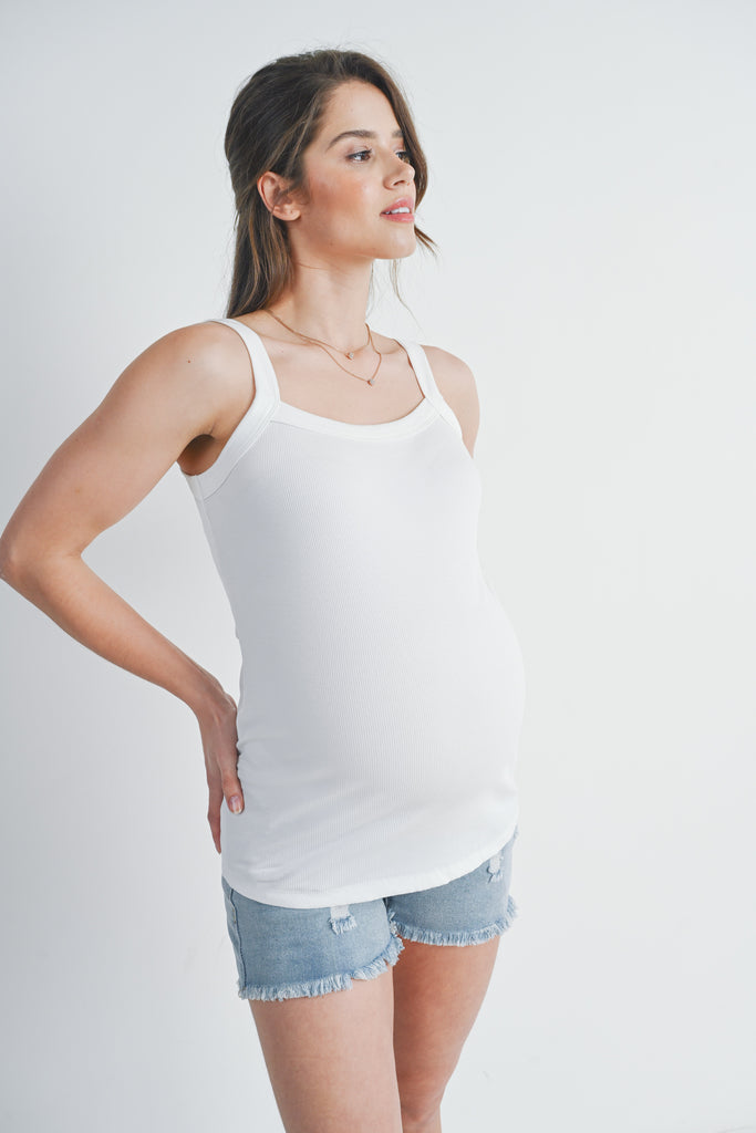 Off White Ribbed Basic Maternity Tank Top Side View