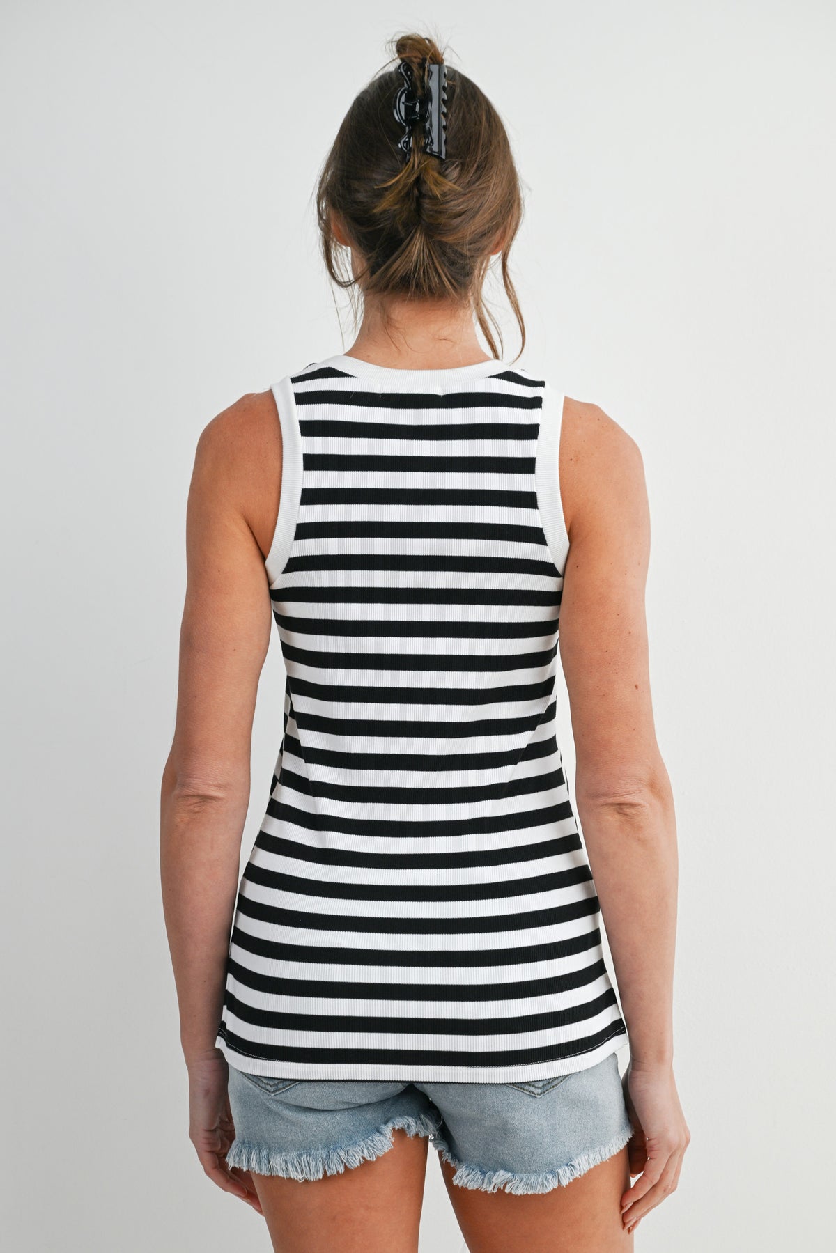 Black/White Striped Round Neck Maternity Tank Top Back View