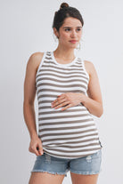 Mocha/White Striped Round Neck Maternity Tank Top Front View