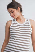 Mocha/White Striped Round Neck Maternity Tank Top Close Up