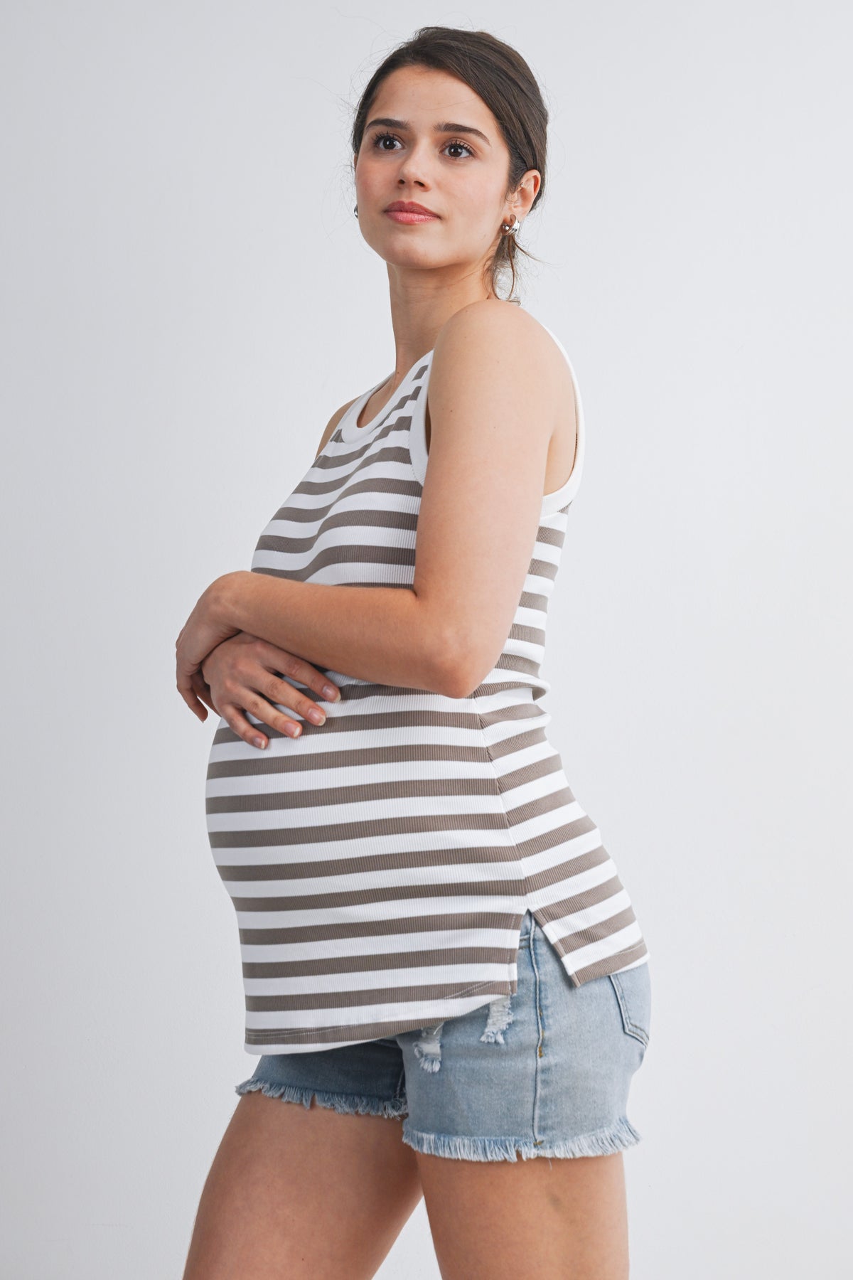 Mocha/White Striped Round Neck Maternity Tank Top Side View