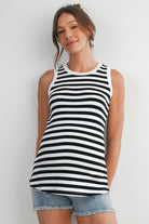 Black/White Striped Round Neck Maternity Tank Top Front View