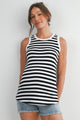 Black/White Striped Round Neck Maternity Tank Top Front View
