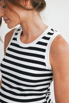 Black/White Striped Round Neck Maternity Tank Top Close Up Detail