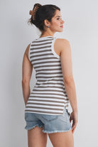 Mocha/White Striped Round Neck Maternity Tank Top Back View
