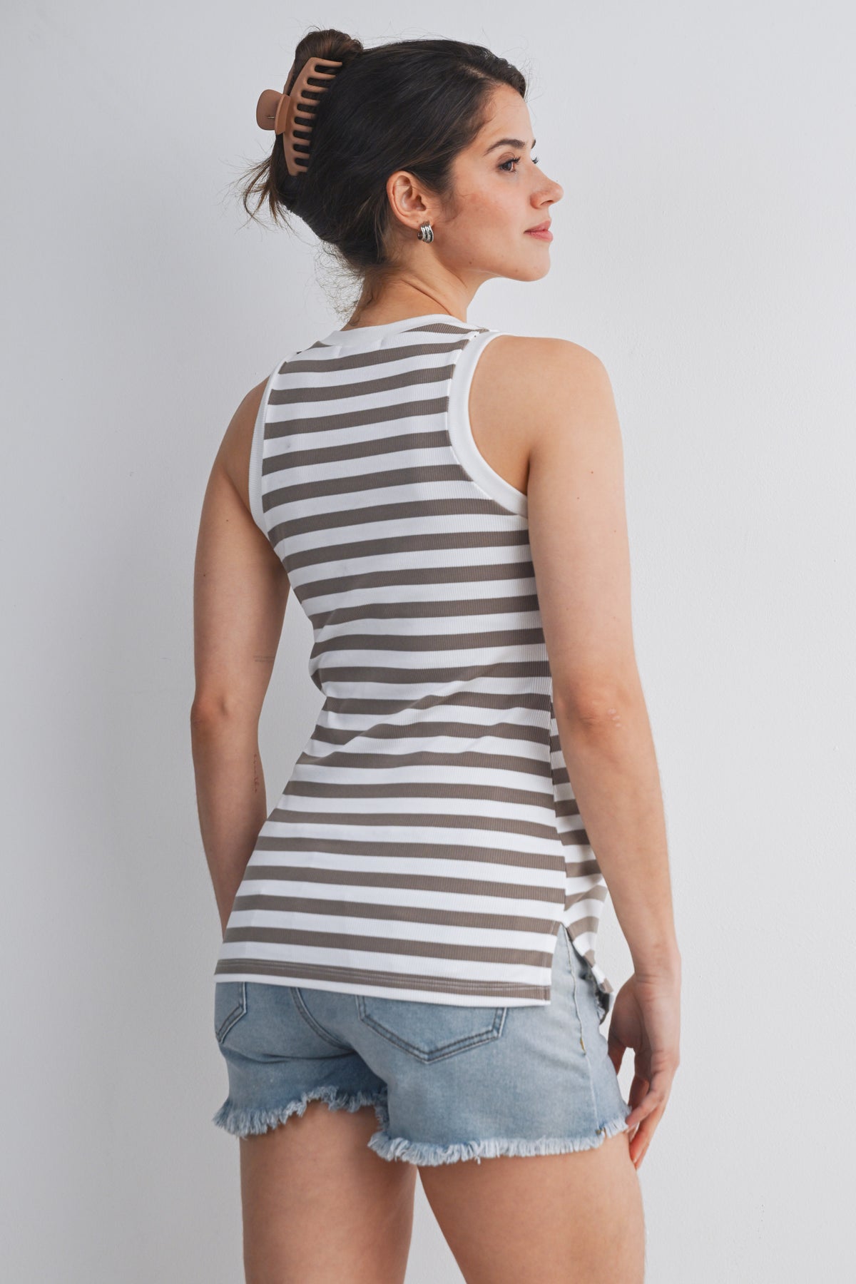 Mocha/White Striped Round Neck Maternity Tank Top Back View
