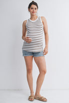 Mocha/White Striped Round Neck Maternity Tank Top Full Body