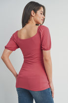Dark Rose Sweetheart Neck Puff Short Sleeve Maternity Top Back