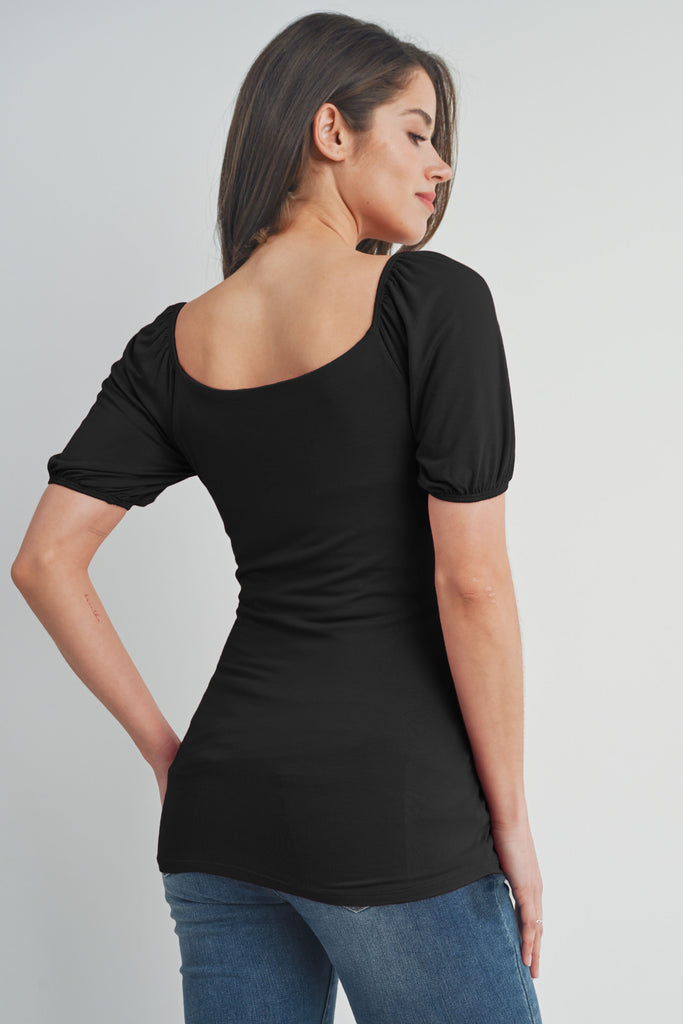 Black Sweetheart Neck Puff Short Sleeve Maternity Top Back